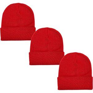 Red Beanie Cap Knitted Warm Solid Color